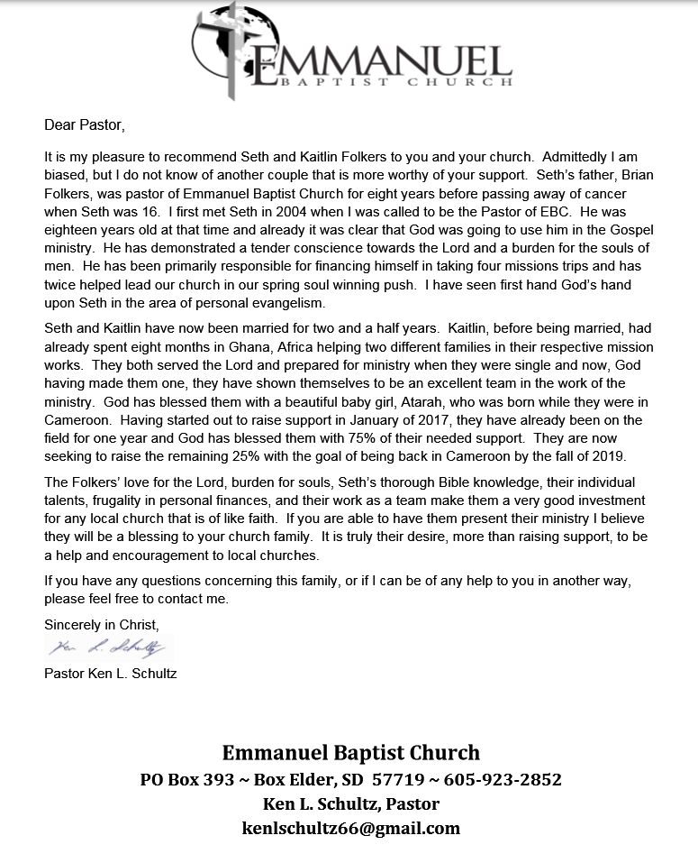 Letter of Recommendation from Pastor Ken Schultz