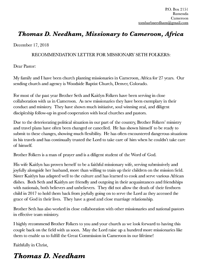 Letter of Recommendation from Missionary Tom Needham