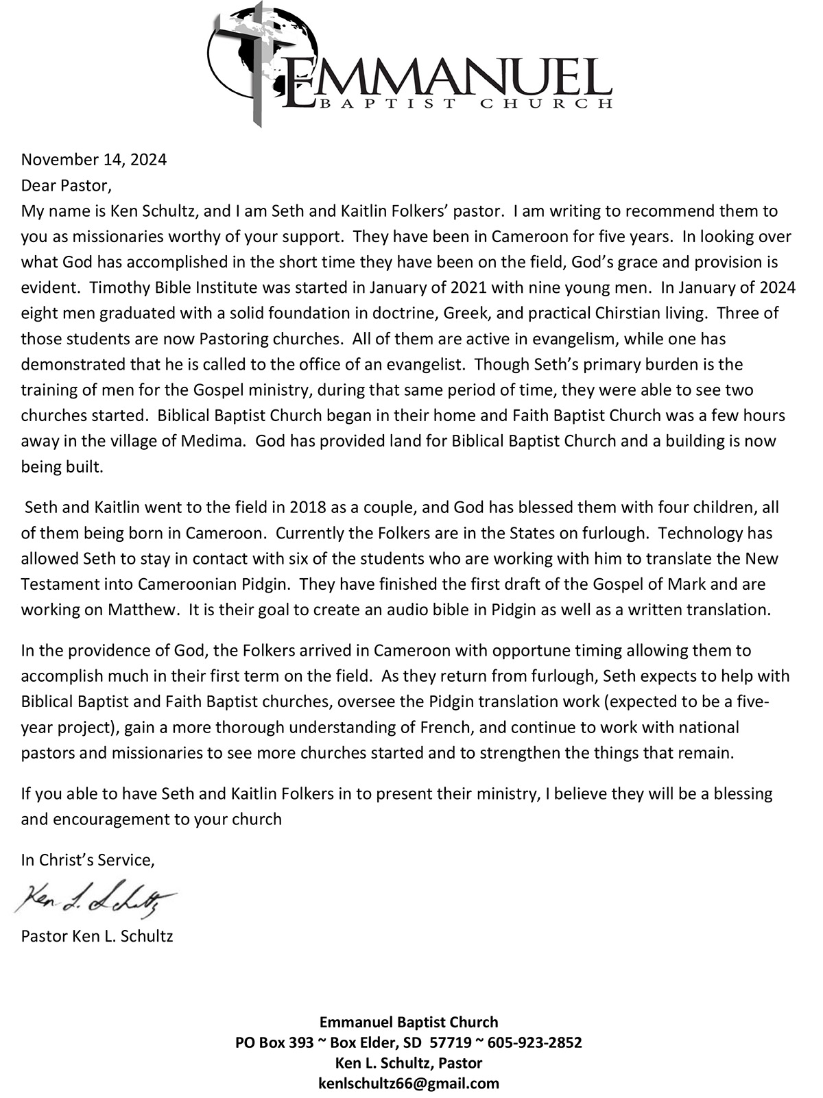 Recommendation Letter from Emmanuel Baptist Church 2024